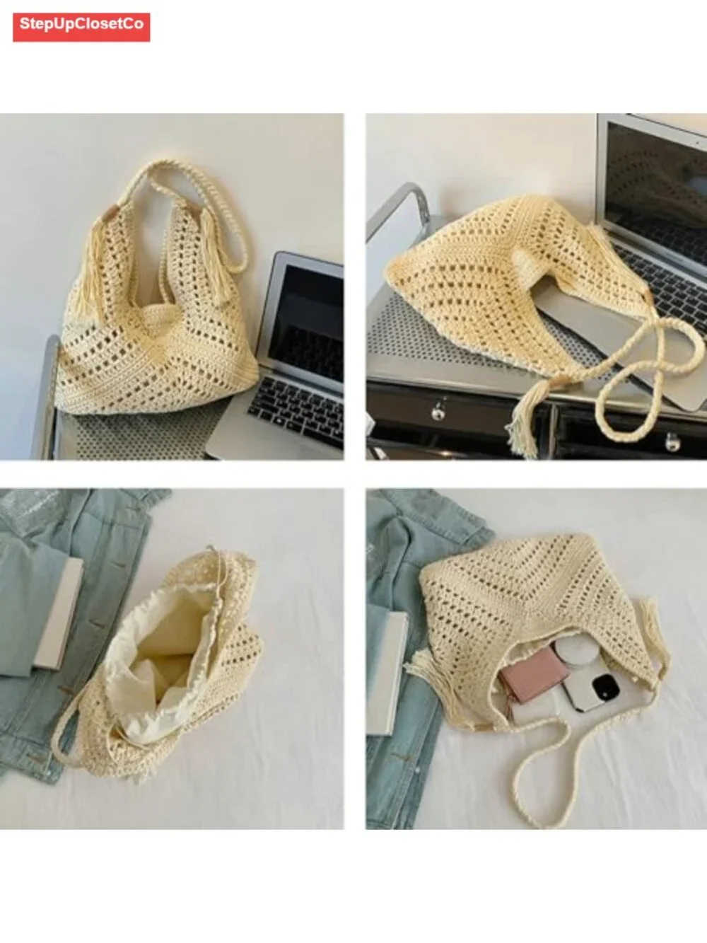 Boho Medium Woven Straw Tote Bag for Women Summer Beach Shoulder Purse Handbag